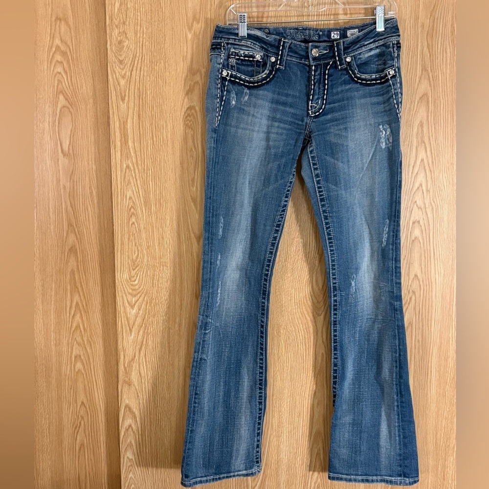 Miss Me Blue Flare Bootcut Long Jeans with Embroidered Button Flap Pockets - Picture 2 of 8
